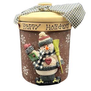 Snowman Cookie Jar Happy Holidays Brown Tan Snowflakes Christmas Canister Winter